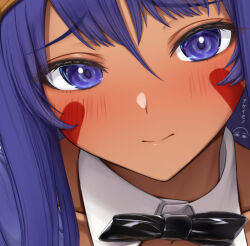 Rule 34 | 1girl, blush, bow, bowtie, closed mouth, dark-skinned female, dark skin, detached collar, facepaint, facial mark, fate/grand order, fate (series), hairband, long hair, looking at viewer, nitocris (fate), particle sfs, purple eyes, purple hair, sidelocks, solo