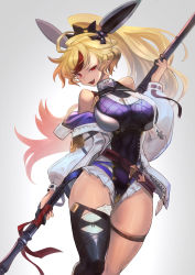 Rule 34 | 1girl, :d, absurdres, blonde hair, fang, half-closed eye, headwear request, highres, holding, holding weapon, leotard, long hair, looking at viewer, nail polish, open mouth, ponytail, red eyes, red hair, sakazu mekasuke, smile, solo, teeth, thigh strap, thighhighs, very long hair, weapon, white thighhighs