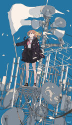 Rule 34 | 1girl, alarm siren, black jacket, black skirt, blonde hair, blue eyes, blue sky, clear sky, collared shirt, converse, dutch angle, flag, flat color, floating hair, hand in pocket, highres, holding, holding flag, jacket, ligne claire, long hair, miniskirt, necktie, open clothes, open jacket, original, pink necktie, satellite dish, scenery, security camera, seraphitalg, shirt, skirt, sky, solo, standing, torn flag, white flag, white shirt, wind, wind lift