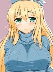 Rule 34 | 10s, 1girl, aria (okuda08808008), atago (kancolle), blonde hair, breasts, crossed arms, green eyes, heart, highres, kantai collection, large breasts, long hair, personification, ribbed sweater, smile, solo, sweater, turtleneck