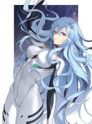 Rule 34 | 1girl, absurdres, alternate hairstyle, arm up, ayanami rei, blue hair, border, breasts, cleavage, closed mouth, hair between eyes, hair ornament, highres, long hair, looking at viewer, min a, neon genesis evangelion, plugsuit, red eyes, smile, solo