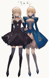 Rule 34 | 2girls, absurdres, ahoge, albino (a1b1n0623), artoria pendragon (all), artoria pendragon (fate), bad id, bad pixiv id, bare shoulders, blonde hair, breasts, cleavage, collarbone, commentary request, dress, elbow gloves, fate/grand order, fate (series), full body, gloves, green eyes, hair bun, highres, looking at viewer, medium breasts, multiple girls, saber (fate), saber alter, single hair bun, sleeveless, smile, standing, thighhighs, yellow eyes, zettai ryouiki