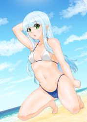 Rule 34 | 1girl, absurdres, aoki hagane no arpeggio, beach, bikini, blue hair, blue sky, blunt bangs, breasts, cloud, commentary request, day, dutch angle, green eyes, highres, hime cut, iona (aoki hagane no arpeggio), long hair, mismatched bikini, navel, outdoors, sky, small breasts, solo, swimsuit, yosshy815