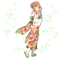 Rule 34 | 1girl, asuna (sao), braid, brown eyes, brown hair, crown braid, floral print, flower, from side, full body, gradient kimono, hair flower, hair ornament, highres, japanese clothes, kimono, long sleeves, looking at viewer, official art, parted lips, pink flower, print kimono, short hair with long locks, sidelocks, socks, solo, standing, sword art online, tabi, transparent background, white socks, wide sleeves, yukata
