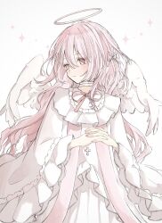 Rule 34 | 1girl, bandaged neck, bandages, cross, feathered wings, hair ribbon, halo, highres, long hair, looking to the side, original, own hands clasped, own hands together, pink eyes, pink hair, pink ribbon, ribbon, simple background, solo, white background, white wings, wide sleeves, wings, yuni 0205