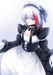 Rule 34 | 1girl, absurdres, admiral graf spee (azur lane), alternate costume, apron, azur lane, black choker, black dress, blue eyes, blush, breasts, choker, cleavage, cross, dress, enmaided, frilled apron, frills, gloves, hands up, highres, iron cross, long sleeves, looking at viewer, maid, maid headdress, medium breasts, medium hair, multicolored hair, osatou (soul of sugar), red hair, silver hair, smile, solo, streaked hair, two-tone hair, waist apron, white apron, white gloves
