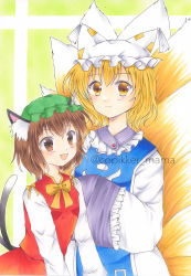 Rule 34 | 2girls, :d, animal ear fluff, animal ears, animal hat, blonde hair, bow, bowtie, brown eyes, brown hair, cat ears, cat tail, chen, commentary request, dress, fang, fox ears, fox tail, gold trim, hat, height difference, highres, marker (medium), mob cap, multiple girls, multiple tails, nekomata, open mouth, mob cap, red dress, saorin (k7s3 r716), short hair, smile, tabard, tail, touhou, traditional media, two tails, white dress, yakumo ran, yellow eyes, yellow neckwear