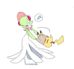 Rule 34 | 1boy, artist name, ban (ban62460424), bob cut, bonnet, bottomless, brown jacket, capelet, closed eyes, clothed pokemon, colored skin, creatures (company), dancing, flat color, flower, from behind, full body, game freak, gardevoir, gardevoir (fashionable), gen 1 pokemon, gen 3 pokemon, green hair, green skin, hair between eyes, happy, hat, hat flower, holding hands, jacket, male focus, motion lines, multicolored skin, nintendo, open mouth, outstretched arms, pikachu, pikachu (fashionable), pink trim, pokemon, pokemon (creature), pokemon unite, red flower, short hair, signature, simple background, sketch, smile, standing, swinging, trap, two-tone skin, u u, white background, white capelet, white headwear, white skin