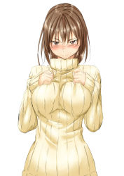 Rule 34 | 1girl, blush, breasts, brown eyes, brown hair, highres, large breasts, niwatazumi, original, ribbed sweater, short hair, simple background, solo, sweater, white background