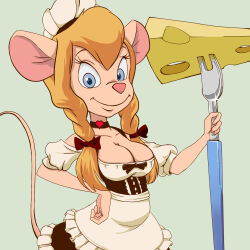 Rule 34 | 1girl, alternate costume, animal ears, animal nose, apron, black bow, black choker, black dress, blonde hair, blue eyes, bow, breasts, cheese, chip &#039;n dale rescue rangers, choker, cleavage, closed mouth, collarbone, dress, female focus, food, fork, frilled apron, frilled dress, frills, furry, furry female, gadget hackwrench, glint, green background, hair bow, hand on own hip, hand up, happy, heart, heart choker, holding, holding fork, long hair, looking at viewer, maid, maid headdress, medium breasts, mouse ears, mouse girl, mouse tail, off-shoulder dress, off shoulder, oira wa arumajiro, puffy short sleeves, puffy sleeves, raglan sleeves, short sleeves, sidelocks, simple background, smile, solo, standing, tail, tail raised, upper body, waist apron, white apron, white sleeves