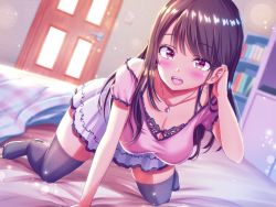 Rule 34 | 1girl, absurdres, all fours, bed, bed sheet, bedroom, black hair, black thighhighs, blanket, blush, bookshelf, breasts, cleavage, collarbone, door, earrings, hand in own hair, highres, indoors, jewelry, lens flare, looking at viewer, medium breasts, necklace, non-web source, on bed, open mouth, original, pink shirt, purple eyes, shelf, shirt, short sleeves, sidelocks, skirt, smile, solo, sparkle, teeth, tenzeru, thighhighs, upper teeth only, white skirt, zettai ryouiki