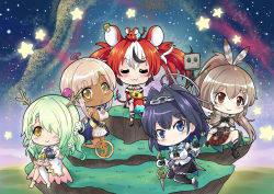Rule 34 | 5girls, animal, animal ears, animal on head, bag, black hair, blue eyes, boots, bow, breasts, brown eyes, brown hair, ceres fauna, chibi, cleavage cutout, cloak, closed eyes, clothing cutout, colonel aki, crossed arms, crossed legs, dark-skinned female, dark skin, detached sleeves, feather hair ornament, feathers, flower, friend (nanashi mumei), green hair, hair flower, hair intakes, hair ornament, hair over one eye, hairclip, hakos baelz, holding, holding sword, holding weapon, holocouncil, hololive, hololive english, kneeling, large breasts, long hair, mouse (animal), mouse ears, mousetrap, multicolored hair, multiple girls, nanashi mumei, on head, ouro kronii, ouro kronii (1st costume), paper bag, pleated skirt, red hair, sideboob, sitting, skirt, standing, star (sky), streaked hair, sword, tail, tail bow, tail ornament, tsukumo sana, tsukumo sana (1st costume), virtual youtuber, weapon, white hair, wide sleeves, yatagarasu (tsukumo sana), yellow eyes