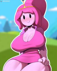Rule 34 | 1girl, 2023, adventure time, artist name, bad tag, blue sky, blurred background, blush, breasts, cartoon network, cleavage, clothes, colored skin, cooliehigh, crown, dessert, dress, female focus, food, food-themed hair ornament, grass, grass background, hair ornament, hand on leg, highres, huge breasts, living candy, long hair, not furry, pink hair, pink skin, precure, princess bonnibel bubblegum, simple eyes, sitting, sky, smile precure!, solo, subscribestar username, thick thighs, thighs