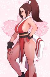 Rule 34 | 1girl, breasts, brown hair, fatal fury, highres, its just suppi, large breasts, ponytail, shiranui mai, sideboob, snk, the king of fighters, thick thighs, thighs
