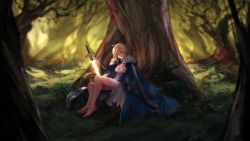 Rule 34 | 1girl, ahoge, artoria pendragon (all), artoria pendragon (fate), barefoot, blonde hair, blouse, dress, excalibur (fate/stay night), fate/stay night, fate (series), forest, glowing, glowing sword, glowing weapon, green eyes, highres, mao mao wansui, nature, outdoors, saber (fate), shirt, solo, sword, tree, weapon