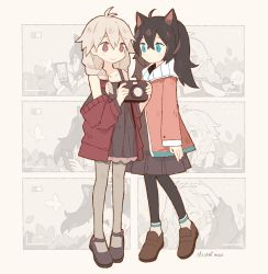 Rule 34 | 2girls, ahoge, animal ears, ankle socks, antenna hair, arm at side, bare shoulders, beige background, black dress, black legwear, blue eyes, braid, bright pupils, brown footwear, brown hair, camera, cat ears, closed mouth, collarbone, commentary, crossed bangs, dated, dress, english commentary, expressionless, frilled dress, frills, from side, full body, grey footwear, grey hair, grey legwear, hair between eyes, hair ornament, hair over shoulder, hair ribbon, hands up, holding, holding camera, jacket, leg lift, loafers, long hair, long sleeves, looking at another, looking at viewer, low twintails, mary janes, melan (melanbread), melanbread, multiple girls, no nose, off-shoulder jacket, off shoulder, open clothes, open jacket, original, paneled background, pantyhose, ribbon, shoes, sidelocks, signature, sleeveless, sleeveless dress, smile, socks, socks over pantyhose, standing, tareme, taro (melanbread), twin braids, twintails
