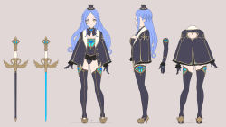 Rule 34 | 1girl, arms at sides, ass, black bow, black capelet, black gloves, black headwear, black leotard, black neckwear, black thighhighs, blue hair, bow, bowtie, braid, breasts, capelet, cleavage, concept art, contrapposto, elbow gloves, enkyo yuuichirou, french braid, frilled leotard, frills, gloves, grey background, hat, high heels, highres, large breasts, leotard, looking at viewer, mini hat, mini top hat, multiple views, original, simple background, smile, sword, thighhighs, top hat, weapon