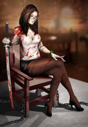 Rule 34 | 1girl, blood, bracelet, breasts, brown hair, chair, cherry-gig, cleavage, full body, gina foley, grey eyes, high heels, jewelry, katana, lips, long hair, medium breasts, pantyhose, resident evil, resident evil: revelations 2, sitting, smile, solo, sword, weapon