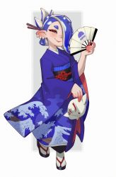 Rule 34 | 1girl, absurdres, androgynous, blue hair, blue kimono, commentary, earrings, eyeliner, folding fan, fox mask, full body, geta, hair ornament, hair over one eye, hair stick, hand fan, highres, holding, holding fan, holding mask, japanese clothes, jewelry, kimono, makeup, mask, multiple earrings, nintendo, obi, octoling, red eyeliner, riz, sash, shiver (splatoon), simple background, smile, solo, splatoon (series), splatoon 3, suction cups, symbol-only commentary, tentacle hair, tooth earrings, wave print