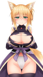 Rule 34 | 1girl, animal ears, black gloves, black thighhighs, blonde hair, blush, breast hold, breasts, cameltoe, cowboy shot, cowfee, dog days, closed eyes, fingerless gloves, fox ears, fox tail, fundoshi, gloves, gluteal fold, green eyes, groin, hair between eyes, highres, huge breasts, japanese clothes, jewelry, looking at viewer, paizuri invitation, pendant, sash, side ponytail, simple background, sleeveless, solo, tail, thigh gap, thighhighs, torn clothes, white background, yukikaze panettone