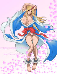 Rule 34 | 1girl, absurdres, armpits, arms up, barefoot, blonde hair, breasts, collaboration, cuffs, elee0228, felsus, female focus, highres, horns, hoshiguma yuugi, hoshiguma yuugi (kimono), huge breasts, japanese clothes, kimono, long hair, nail polish, no bra, open clothes, open kimono, panties, petals, pigeon-toed, red eyes, shackles, single horn, solo, thick thighs, thighs, toenail polish, toenails, touhou, underwear, watermark, web address, wide sleeves