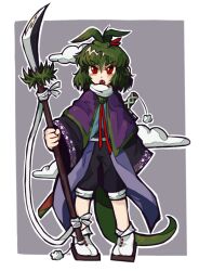 Rule 34 | 1other, adagumo no saragimaru, androgynous, black shirt, black shorts, fangs, full body, green hair, gzpxllztt, hair ornament, highres, holding, holding polearm, holding weapon, len&#039;en, long sleeves, looking at viewer, medium hair, open mouth, other focus, polearm, purple trim, red eyes, scarf, shirt, shorts, snake hair ornament, snake tail, solo, split ponytail, tail, weapon, white scarf, wide sleeves