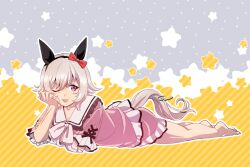 Rule 34 | 1girl, animal ears, barefoot, bow, closed mouth, curren chan (umamusume), ear bow, elbow rest, frilled shirt collar, frills, full body, gaman, grey hair, hairband, horse ears, horse girl, horse tail, korean commentary, lying, official alternate costume, on stomach, one eye closed, outline, pajamas, pink shirt, pink shorts, purple eyes, sailor collar, shirt, short hair, short sleeves, shorts, sign, solo, star (symbol), tail, tongue, tongue out, umamusume, white outline