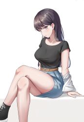 Rule 34 | 1girl, absurdres, arms at sides, bang dream!, bang dream! it&#039;s mygo!!!!!, belt, belt buckle, black footwear, black hair, black shirt, blue skirt, blush, breasts, brown belt, buckle, closed mouth, clothes down, collarbone, commentary, cross-laced footwear, crossed legs, denim, denim skirt, feet out of frame, finger gun, furiousghafo, hair behind ear, high-waist skirt, high tops, highres, invisible chair, large breasts, long hair, looking at viewer, miniskirt, mole, mole under eye, open clothes, open shirt, purple eyes, shiina taki, shirt, shirt tucked in, shoes, short sleeves, simple background, sitting, skirt, sneakers, solo, white background, white shirt