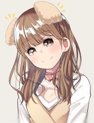 Rule 34 | 1girl, animal ears, blunt bangs, blurry, blush, brown eyes, brown hair, brown sweater, cleavage cutout, clothing cutout, depth of field, dog ears, frilled shirt collar, frills, highres, looking at viewer, medium hair, muse loss, neck ribbon, real life, ribbon, shirt, simple background, smile, solo, sweater, uchida aya, ulu agumi, voice actor, white shirt