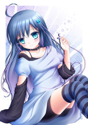 Rule 34 | 1girl, bike shorts, blue eyes, blue hair, blush, cable, collar, collarbone, gradient hair, hair ornament, highres, holding, long hair, matching hair/eyes, multicolored hair, original, shitou, sitting, smile, solo, striped clothes, striped thighhighs, thighhighs