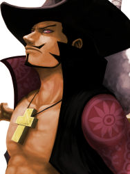 Rule 34 | 1boy, black hair, cross, dracule mihawk, facial hair, frown, goatee, hat, highres, jacket, jewelry, male focus, muscular, mustache, necklace, one piece, open clothes, open jacket, open shirt, pink eyes, shirt, simple background, solo, sword, weapon, white background, yoru (sword), yoshida takanori