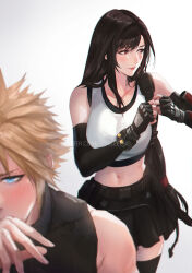 Rule 34 | 1boy, 1girl, belt, black gloves, black hair, black skirt, blonde hair, blue eyes, blurry, blurry foreground, blush, bracer, breasts, closed mouth, cloud strife, commentary, crop top, elbow gloves, english commentary, facing viewer, final fantasy, final fantasy vii, final fantasy vii remake, fingerless gloves, gloves, hand to own mouth, highres, large breasts, lips, long hair, looking to the side, low-tied long hair, midriff, miniskirt, navel, pleated skirt, red eyes, shirt, short hair, skirt, sleeveless, sleeveless shirt, spiked hair, spykeee, tank top, thighhighs, tifa lockhart, twitter username, very long hair, watermark, web address, white tank top, zettai ryouiki
