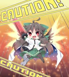 Rule 34 | 1girl, ahoge, arm cannon, bird wings, black footwear, black thighhighs, bow, breasts, brown hair, brown wings, cape, caution, chibi, commentary, feathered wings, green bow, green skirt, hair between eyes, hair bow, long hair, looking at viewer, medium breasts, milkpanda, open mouth, puffy short sleeves, puffy sleeves, red eyes, reiuji utsuho, round teeth, shirt, short sleeves, skirt, solo, teeth, thighhighs, touhou, upper teeth only, very long hair, weapon, white cape, white shirt, wings
