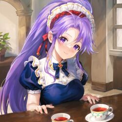 Rule 34 | 1girl, cup, fire emblem, fire emblem: genealogy of the holy war, fire emblem heroes, highres, indoors, jurge, long hair, looking at viewer, maid, maid headdress, nintendo, official alternate costume, plant, ponytail, potted plant, purple eyes, purple hair, smile, table, tailtiu (fire emblem), tailtiu (tea party) (fire emblem), tea, teacup