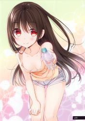 Rule 34 | 1girl, absurdres, breasts, brown hair, collarbone, downblouse, highres, long hair, outstretched arm, red eyes, scan, short shorts, shorts, small breasts, smile, solo, tank top, very long hair, yadapot