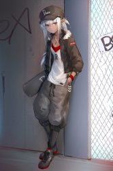 Rule 34 | 1girl, baseball cap, black shorts, chuuko (deluxe&lt;&lt;&lt;), closed mouth, dark-skinned female, dark elf, dark skin, deluxe&lt;&lt;&lt;, down jacket, elf, gold necklace, graffiti, hand in pocket, hat, highres, jacket, jewelry, necklace, original, pointy ears, red eyes, red shirt, shirt, shoes, shorts, skateboard behind back, skull and crossbones, slit pupils, tank top, white hair, white tank top, wristband