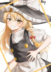 Rule 34 | 1girl, absurdres, apron, black hat, black skirt, black vest, blonde hair, blush, bow, braid, buttons, commentary, cowboy shot, grin, hair bow, hat, hat bow, highres, kirisame marisa, long hair, looking at viewer, puffy short sleeves, puffy sleeves, red bow, shirt, short sleeves, simple background, single braid, skirt, smile, solo, standing, star (symbol), star in eye, symbol in eye, teeth, temmie (temi maru), touhou, turtleneck, vest, waist apron, white apron, white background, white bow, white shirt, witch hat, yellow eyes