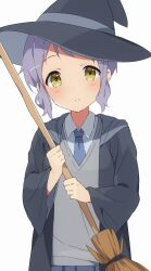 Rule 34 | 1girl, black coat, black hat, blue necktie, blue shirt, blush, broom, coat, commentary, dot nose, grey vest, hands up, hat, highres, holding, holding broom, hood, hooded coat, idolmaster, idolmaster million live!, long sleeves, looking at viewer, makabe mizuki, mochigome (ununquadium), necktie, parted lips, purple hair, shirt, short hair, sidelocks, solo, upper body, vest, wavy hair, white background, wing collar, witch hat, yellow eyes