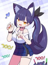 Rule 34 | 1girl, :d, absurdres, animal ear fluff, animal ears, black ribbon, blue hair, blue skirt, blush, commentary request, extra ears, fangs, fingernails, glowstick, hair ribbon, hands up, heart, hh, highres, jacket, korean commentary, lilpa, long fingernails, long hair, looking at viewer, multicolored hair, multicolored nails, off-shoulder jacket, off shoulder, open mouth, orange eyes, orange nails, plaid, plaid background, plaid skirt, purple hair, ribbon, sharp fingernails, short sleeves, side ponytail, sidelocks, skirt, smile, solo, streaked hair, tail, teardrop, very long hair, virtual youtuber, waktaverse, white jacket, yellow nails