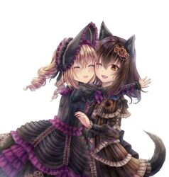 Rule 34 | 2girls, animal ears, black hair, blonde hair, bonnet, cathera, closed eyes, cross, dress, gothic lolita, happy, hug, jewelry, lolita fashion, multiple girls, necklace, open mouth, original, smile, twintails, white background, wolf ears