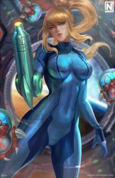 Rule 34 | 1girl, absurdres, arm cannon, blonde hair, blue eyes, blurry, blurry background, bodysuit, breasts, covered navel, female focus, hexagon, highres, large breasts, long hair, looking at viewer, metroid, metroid (creature), nintendo, nopeys, parted lips, ponytail, samus aran, smile, solo, standing, weapon, zero suit