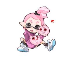 Rule 34 | 1boy, black eyes, black socks, colored skin, creatures (company), fang, full body, game freak, gen 2 pokemon, hair tie, igglybuff, inkling, inkling boy, inkling player character, jacket, multicolored clothes, multicolored jacket, nintendo, open mouth, pink hair, pink jacket, pink skin, pointy ears, poke ball symbol, pokemon, pokemon (creature), purple jacket, red eyes, shoes, short hair, simple background, sitting, sleeves past fingers, sleeves past wrists, smile, socks, spl8ya, splatoon (series), tentacle hair, thick eyebrows, two-tone jacket, white background
