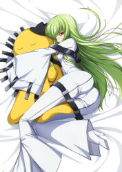 Rule 34 | 1girl, bed sheet, blush, bodysuit, breasts, c.c., cameltoe, cheese-kun, code geass, from above, green hair, highres, hug, long hair, looking at viewer, lying, on side, skin tight, solo, straitjacket, stuffed animal, stuffed toy, white bodysuit, yellow eyes, yu-ta