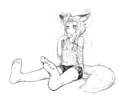 Rule 34 | 1girl, ahoge, animal ear fluff, animal ears, bare shoulders, barefoot, bike shorts, fang, feet, fox ears, fox girl (jaco), fox tail, full body, greyscale, hot, jaco, looking at viewer, monochrome, motion lines, navel, off shoulder, open mouth, original, see-through, shirt, short hair with long locks, sidelocks, simple background, sitting, solo, sweat, tail, thick eyebrows, wet, wet clothes, wet shirt, white background