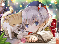 Rule 34 | 10s, 1girl, animal, blanket, blue eyes, blue hat, blush, bow, cat, closed mouth, cup, drink, drinking glass, drinking straw, epaulettes, eyebrows, frilled sleeves, frills, hat, hat bow, head on table, kantai collection, kashima (kancolle), liquid, long sleeves, military, military uniform, mitsuki, playing, silver hair, sitting, smile, standing, star (symbol), table, uniform, wool, yano mitsuki (nanairo)
