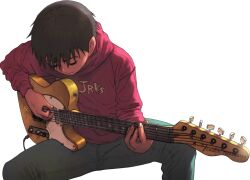 Rule 34 | 1boy, beck, black hair, electric guitar, extraction, fender telecaster, green pants, guitar, hood, hoodie, instrument, music, official art, pants, playing guitar, playing instrument, red hoodie, sarcasticgota, short hair, solo, spread legs, tanaka yukio, third-party edit, transparent, transparent background