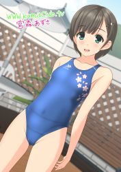 Rule 34 | 1girl, absurdres, beach umbrella, blue one-piece swimsuit, blurry, brown hair, collarbone, competition swimsuit, cowboy shot, depth of field, dutch angle, fence, flat chest, floral print, green eyes, highleg, highleg swimsuit, highres, logo, looking at viewer, one-piece swimsuit, open mouth, original, round teeth, short hair, smile, solo, standing, swimsuit, table, takafumi, teeth, umbrella, upper teeth only, watermark, web address