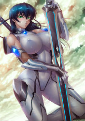 Rule 34 | 1girl, absurdres, alternate costume, armor, bare shoulders, black hair, bodysuit, breasts, cloud, cloudy sky, covered erect nipples, curvy, dutch angle, elbow gloves, fishnets, gems, gloves, glowing jewelry, green eyes, hair between eyes, highres, holding, holding sword, holding weapon, huge sword, huge weapon, igawa asagi, impossible clothes, kagami hirotaka, kneeling, large breasts, lilith-soft, long hair, looking at viewer, ninja, parted lips, sheath, skin tight, sky, solo, sword, tagme, taimanin (series), taimanin asagi, taimanin asagi 3, two side up, weapon, wide hips