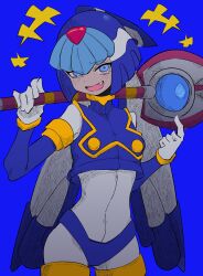Rule 34 | 1girl, absurdres, blue background, blue eyes, bodysuit, buzzlyears, crop top, fairy leviathan (mega man), fang, helmet, highres, holding, holding polearm, holding weapon, looking at viewer, mega man (series), mega man zero (series), open mouth, polearm, simple background, smug, solo, upper body, weapon, white bodysuit