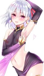 Rule 34 | 1girl, arm up, armpits, bare shoulders, blush, breasts, commentary request, covered erect nipples, cowboy shot, detached sleeves, dress, earrings, fate/grand order, fate (series), hair between eyes, hair ribbon, heart, highres, ikura nagisa, jewelry, kama (fate), kama (first ascension) (fate), looking at viewer, midriff, navel, nipples, open mouth, presenting armpit, purple dress, purple eyes, purple skirt, red ribbon, ribbon, see-through, short hair, silver hair, simple background, skirt, small breasts, smile, solo, spread armpit, stomach, white background